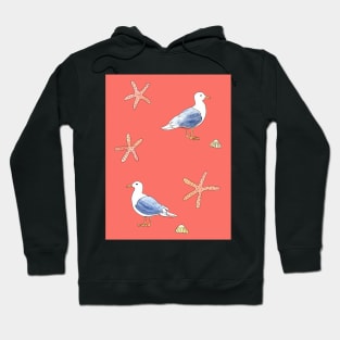 Seagull illustration with coral pink background Hoodie